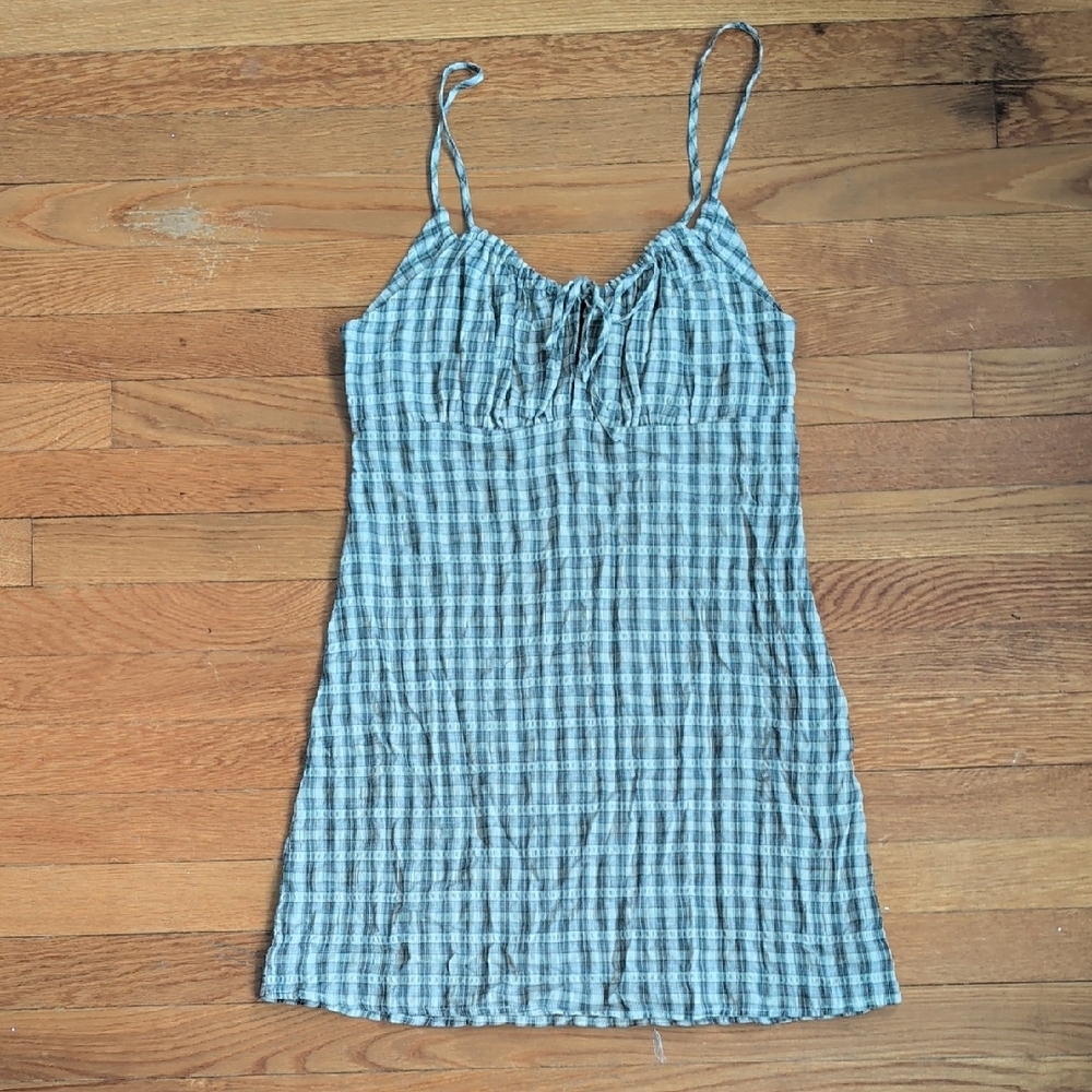 Light Blue Gingham Spaghetti Strap Mini Dress